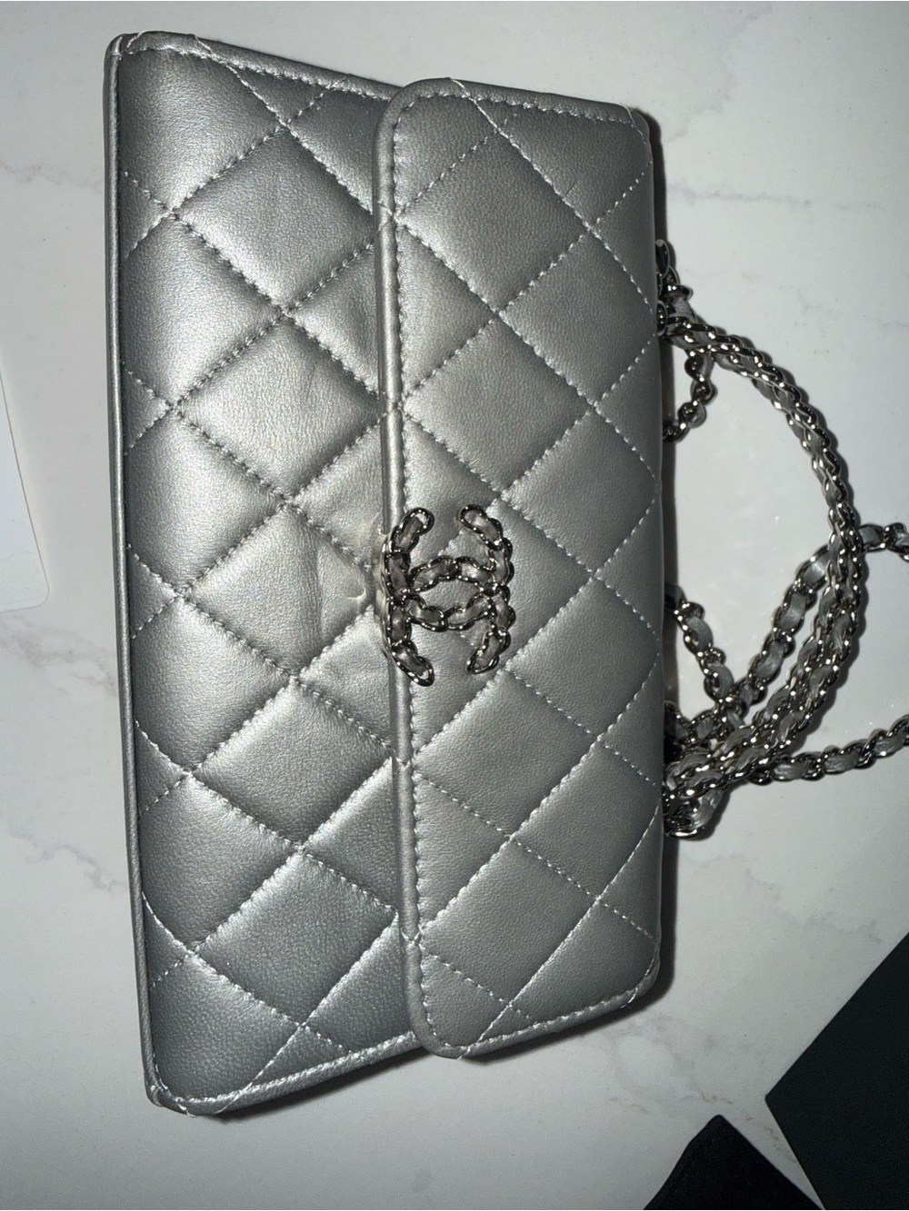 CHANEL Quilted Metallic Silver Chain Crossbody Wallet